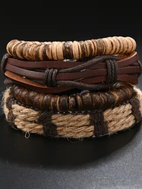 4Pcs NWT Men Leather Cord Bracelet Coconut Shell Bead Bangle Boho Wood Set